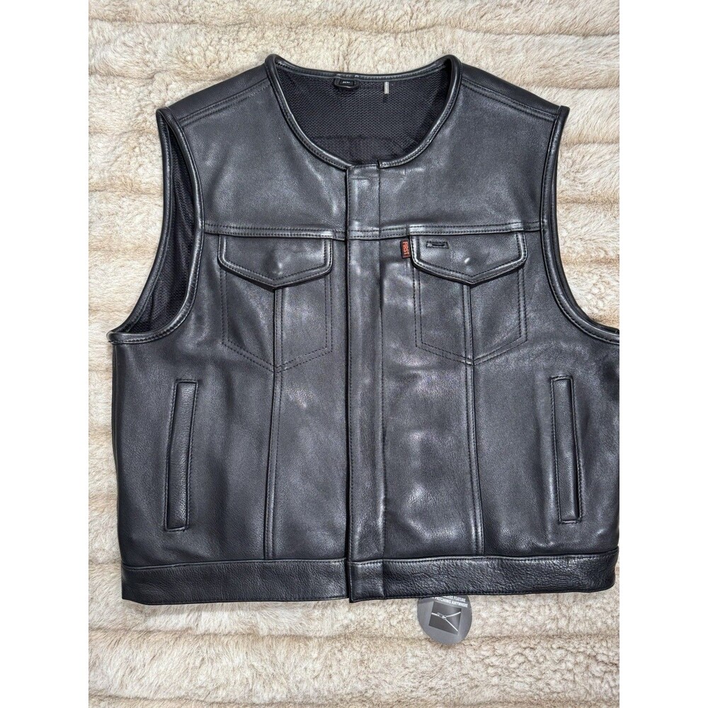 First Mfg Co Sharp Shooter Men's Motorcycle Leather Vest - Classic Black XL - Picture 2 of 16